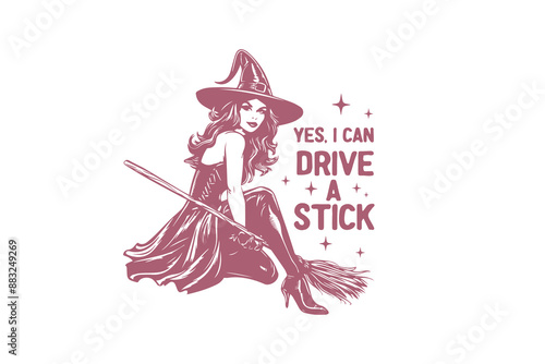 Yes I can drive a stick, Vintage Halloween Witch   T shirt design