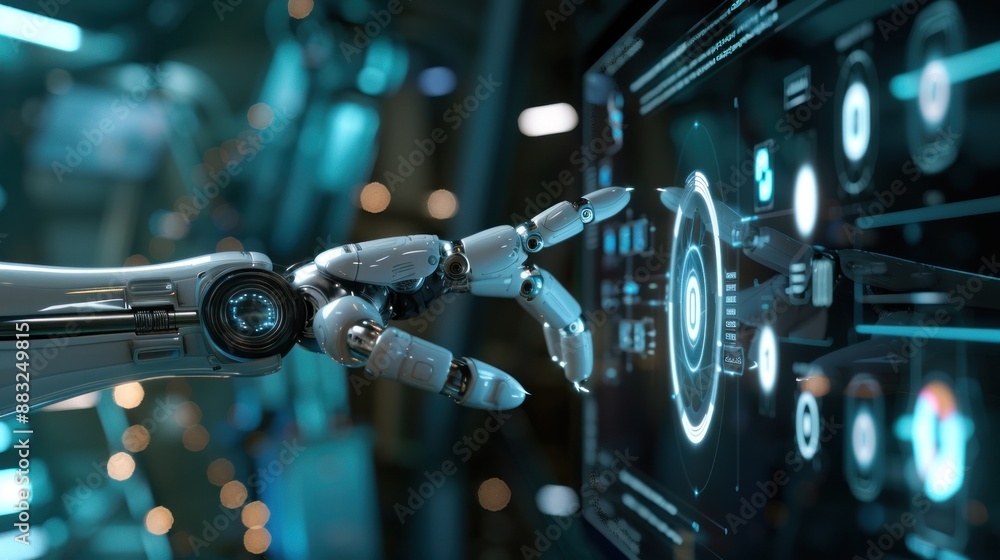 Fototapeta premium Robot hand touches virtual screen showing futuristic artificial intelligence communication icons