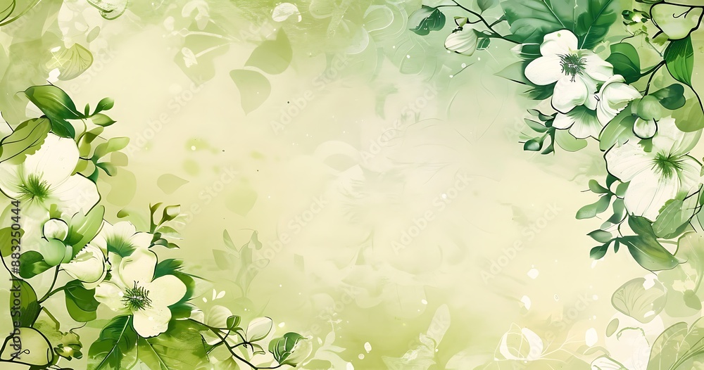 Fototapeta premium Elegant green and white floral background with watercolor splashes