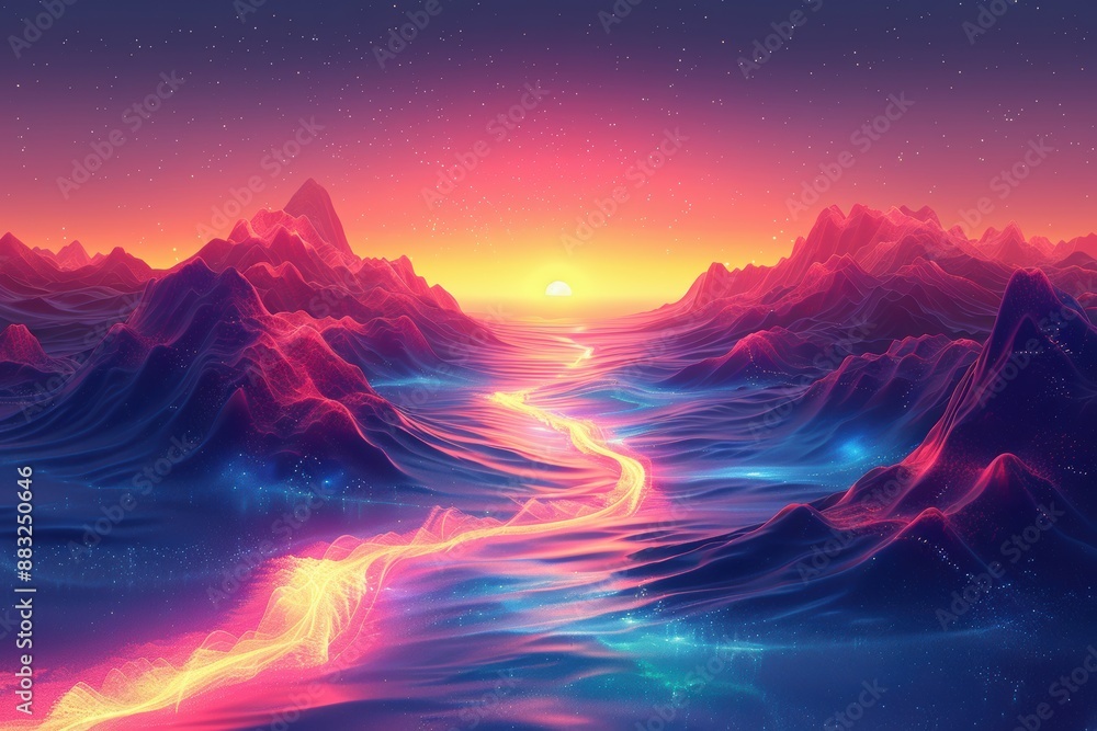 A River of Light Through Futuristic Mountains A River of Light Through Futuristic Mountains