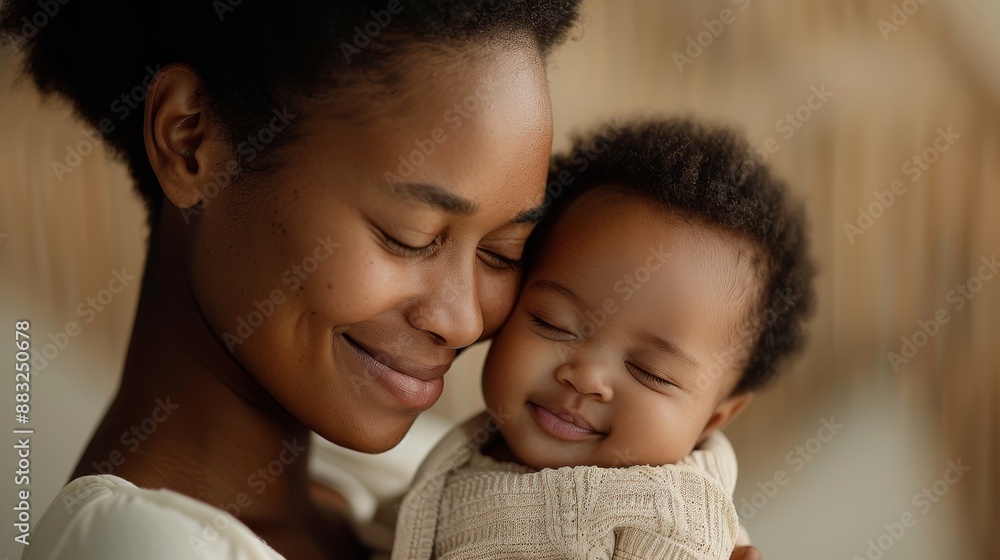 A tender moment between a mother and her baby, both smiling with eyes closed, capturing the essence of love and connection. A tender moment between a mother and her baby, both smiling with eyes closed, capturing the essence of love and connection.