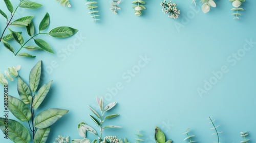 A calming blue background featuring a tasteful foliage border, creating a minimalist and spacious layout with plenty of copy space for various design purposes.