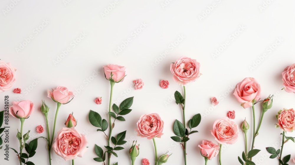 Obraz premium An elegant border of pink roses, arranged in a minimalist style with clean lines and ample white space for customization. Perfect for adding a touch of sophistication to your designs.
