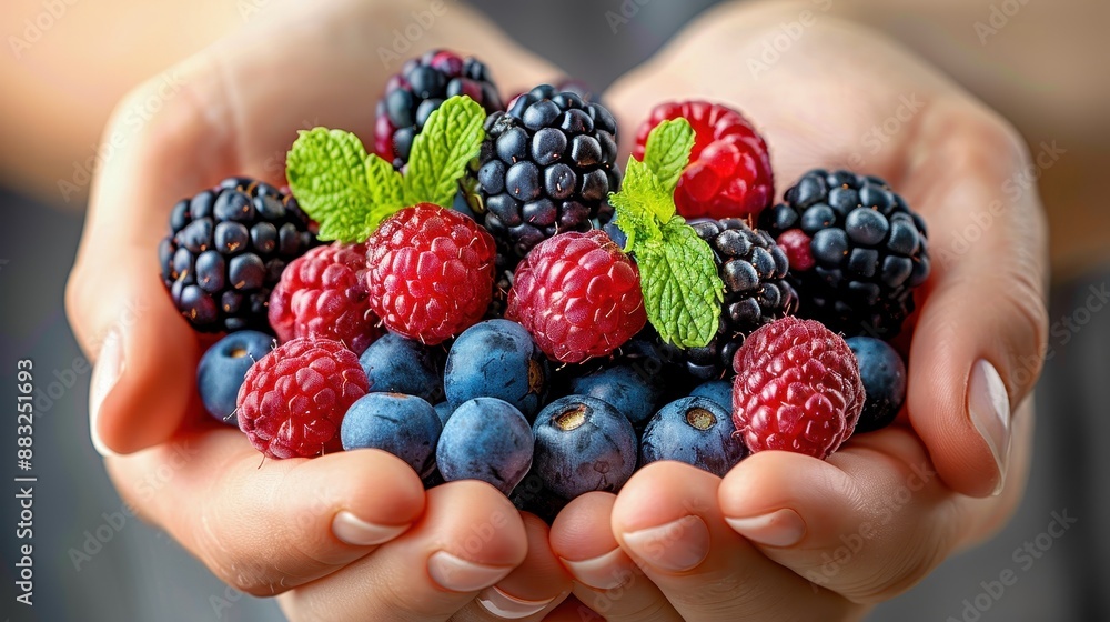Hands holding fresh mixed berries, including blueberries, raspberries, and blackberries, with mint leaves on top, conveying health and freshness. Hands holding fresh mixed berries, including blueberries, raspberries, and blackberries, with mint leaves on top, conveying health and freshness.