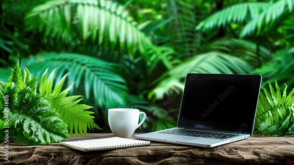 Laptop, coffee cup, notebook on rustic table in lush green forest setting, perfect for remote work or outdoor productivity inspiration. Laptop, coffee cup, notebook on rustic table in lush green forest setting, perfect for remote work or outdoor productivity inspiration.
