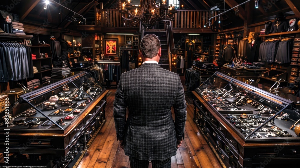 Man in a suit inside a luxurious watch boutique showcasing an extensive collection of premium timepieces displayed in glass cases under warm lighting. Man in a suit inside a luxurious watch boutique showcasing an extensive collection of premium timepieces displayed in glass cases under warm lighting.