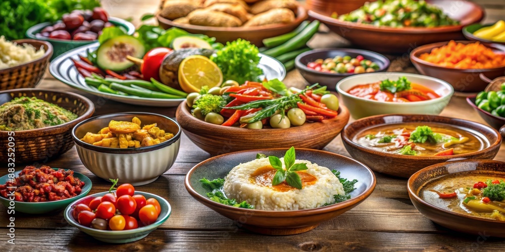 A Festive Spread of Middle Eastern Dishes A Variety of Bowls Filled with Delicious Food on a Rustic Wooden Table, Middle Eastern Cuisine, Food Photography. A Festive Spread of Middle Eastern Dishes A Variety of Bowls Filled with Delicious Food on a Rustic Wooden Table, Middle Eastern Cuisine, Food Photography.