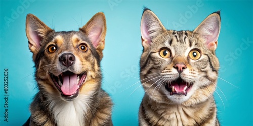 A Dog and Cat's Big Smiles on a Turquoise Background, dog , cat , smile , animals