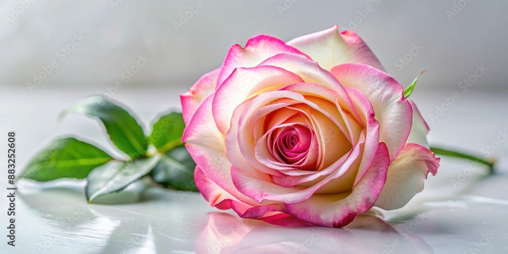 A Single White and Pink Rose with Green Leaves, Close-up, Flower Photography, White Background, Petal, Bloom, Rose A Single White and Pink Rose with Green Leaves, Close-up, Flower Photography, White Background, Petal, Bloom, Rose