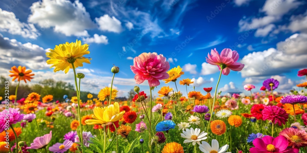 A Vibrant Wildflower Meadow Under a Sunny Sky, Digital Art, Colorful Flowers, Blue Sky, Clouds, wildflowers, meadow A Vibrant Wildflower Meadow Under a Sunny Sky, Digital Art, Colorful Flowers, Blue Sky, Clouds, wildflowers, meadow