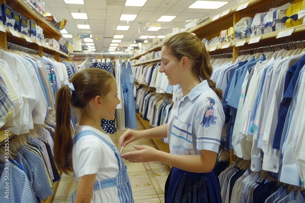 A woman is helping a young girl pick out clothes A woman is helping a young girl pick out clothes