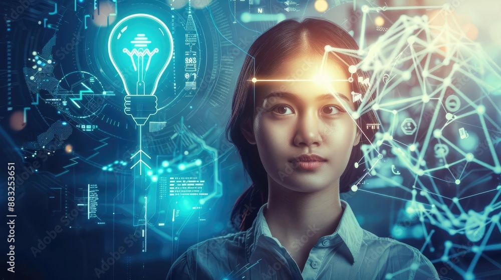 Girl with a light bulb above her head, surrounded by futuristic tech elements, symbolizing innovative ideas Girl with a light bulb above her head, surrounded by futuristic tech elements, symbolizing innovative ideas