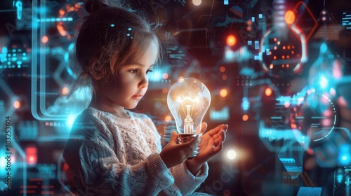 Child holding a glowing light bulb, surrounded by futuristic holograms, representing the fusion of creativity and technology