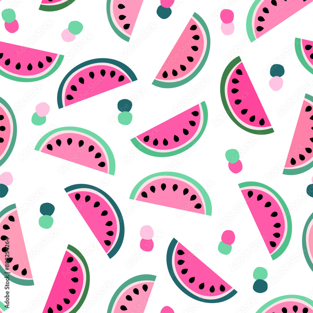 Vector Seamless Pattern with Watermelon Slices in Pink, Green, and Mint Colors, Tropical Summer Fruit Design Vector Seamless Pattern with Watermelon Slices in Pink, Green, and Mint Colors, Tropical Summer Fruit Design
