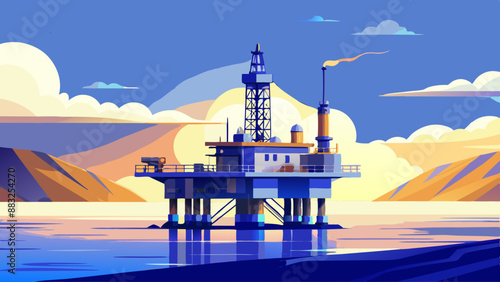 Offshore oil rig drilling platform at sunset. Oil and gas platforms north sea