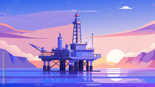 Offshore oil rig drilling platform at sunset. Oil and gas platforms north sea