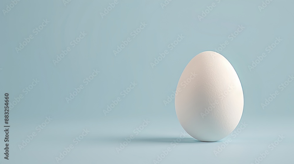 A chicken egg with an elegant, minimalist design, set against a beautiful soft blue background, positioned on the right side A chicken egg with an elegant, minimalist design, set against a beautiful soft blue background, positioned on the right side