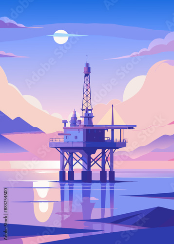 Offshore oil rig drilling platform at sunset. Oil and gas platforms north sea