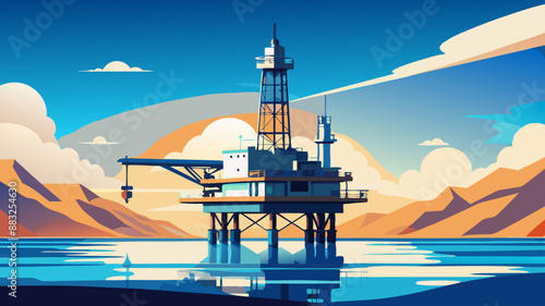Offshore oil rig drilling platform at sunset. Oil and gas platforms north sea