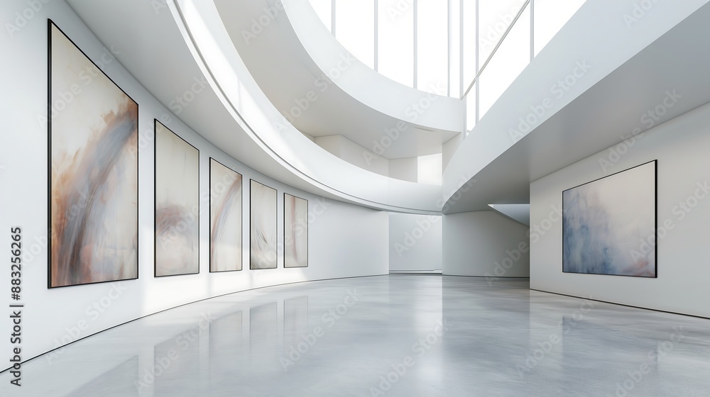 Modern art gallery with beautiful paintings displayed on curved walls with open space floor courtyard Modern art gallery with beautiful paintings displayed on curved walls with open space floor courtyard
