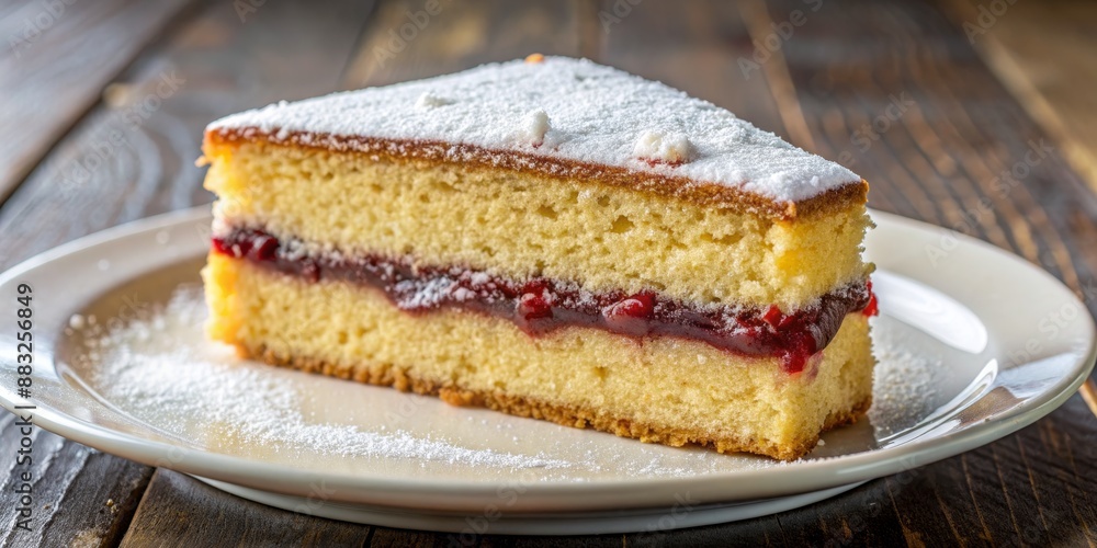Close-up of a Sliced Cake with Powdered Sugar and Red Jam Filling, Cake, Dessert, Sweet, Bakery Close-up of a Sliced Cake with Powdered Sugar and Red Jam Filling, Cake, Dessert, Sweet, Bakery