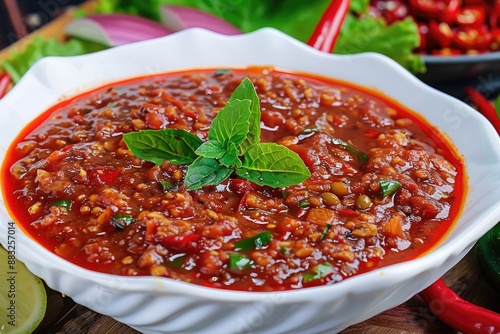 spicy sambhal belacan sauce served in bowl photo