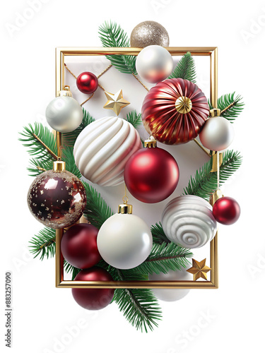 Opulent 3D golden frame with intricate Christmas decor, fir, and gems. Luxurious holiday design on transparent background.