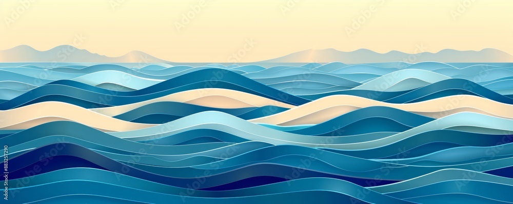 Fototapeta premium Abstract pastel waves blending harmoniously in shades of blue and beige creating a soothing fluid landscape reminiscent of gentle ocean swells