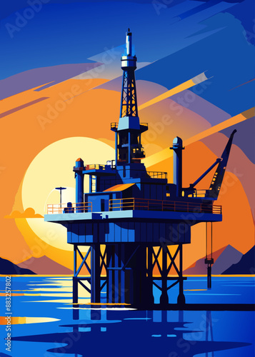 Offshore oil rig drilling platform at sunset. Oil and gas platforms north sea