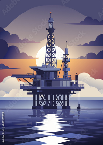 Offshore oil rig drilling platform at sunset. Oil and gas platforms north sea