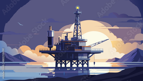 Offshore oil rig drilling platform at sunset. Oil and gas platforms north sea