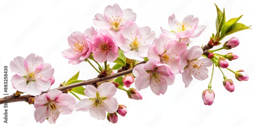 Obraz premium Delicate Pink Cherry Blossoms Branch, White Background, Macro Photography, Spring Flowers, Sakura, Nature, Bloom