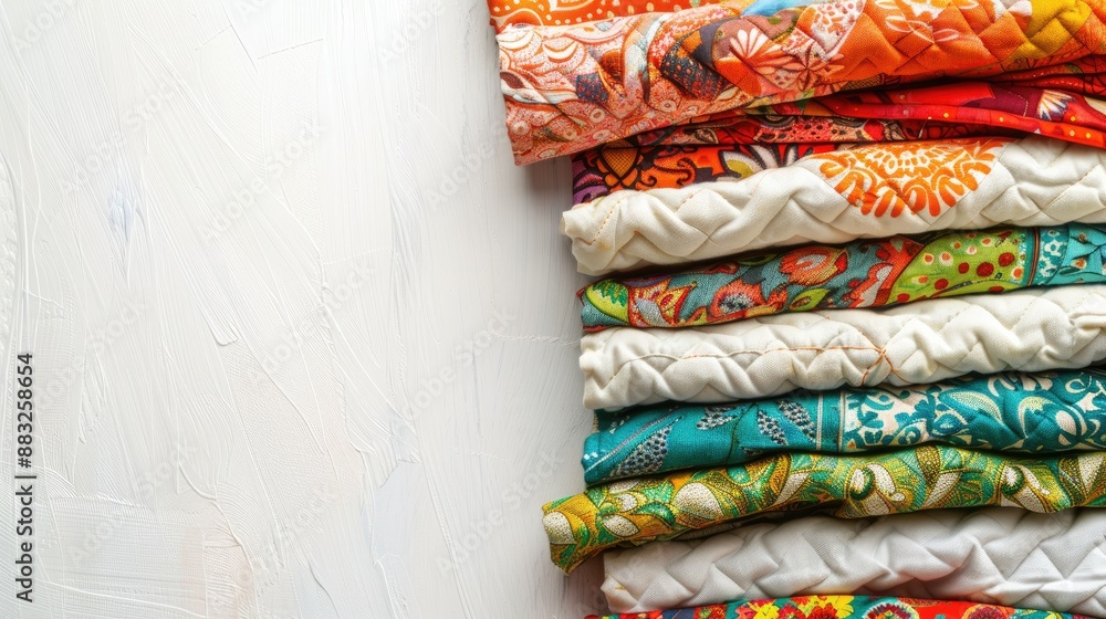 Variety of colored and patterned quilting fabrics on white with space for text Variety of colored and patterned quilting fabrics on white with space for text