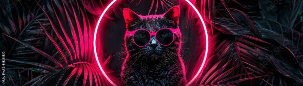 Bright neon ring encircling a cat in a fashionable pink suit and sunglasses creating a stunning visual effect with tropical leaves in a shadowy setting Bright neon ring encircling a cat in a fashionable pink suit and sunglasses creating a stunning visual effect with tropical leaves in a shadowy setting