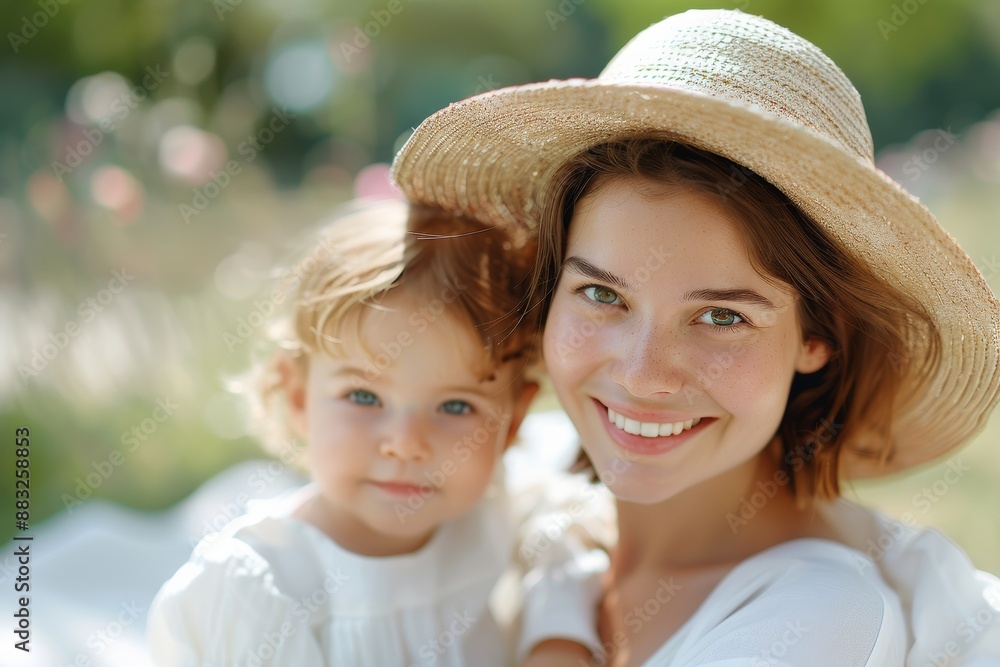 Obraz premium A joyful mother and child enjoying a sunny day outdoors, capturing a beautiful and loving moment in nature.