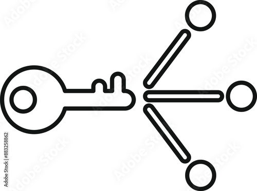 Line art icon of a key unlocking and connecting to three circles, representing the concept of sharing