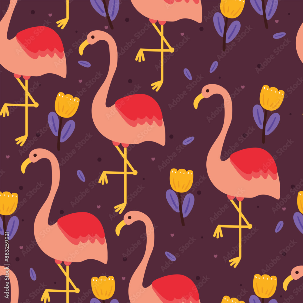Fototapeta premium seamless pattern cartoon flamingo and flower. cute wallpaper for textile, gift wrap paper