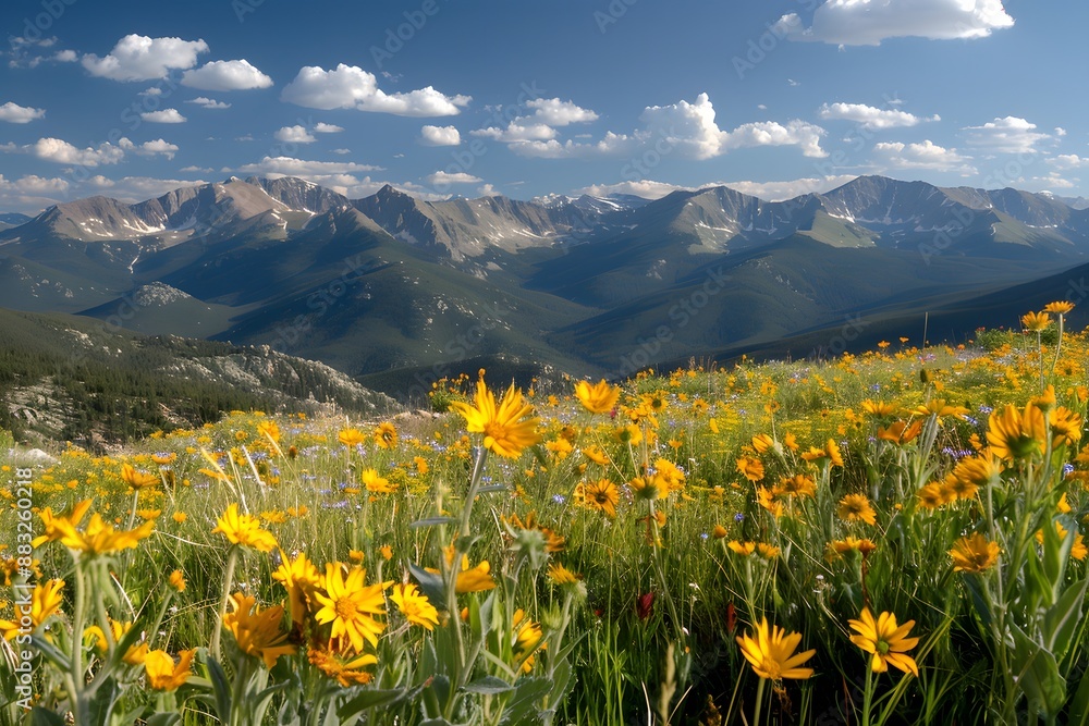 Fototapeta premium Vibrant alpine meadow with yellow wildflowers and majestic mountains under a clear blue sky