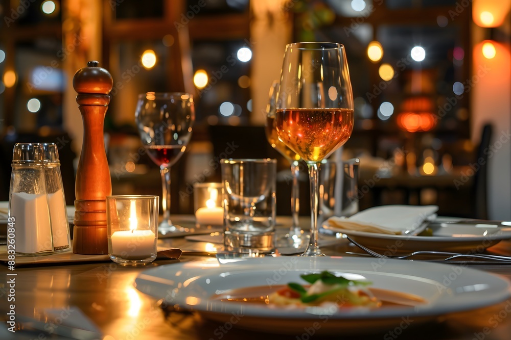Elegant restaurant table with wine glasses, candles, and gourmet dish, creating romantic ambiance Elegant restaurant table with wine glasses, candles, and gourmet dish, creating romantic ambiance