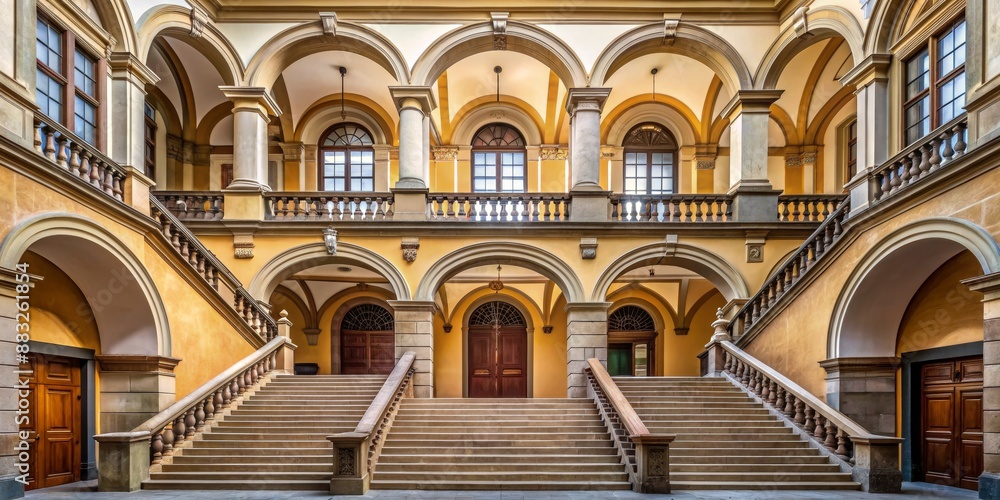 Grand Staircase and Arched Hallway in a Historic Building, architecture , grand , historical , interior Grand Staircase and Arched Hallway in a Historic Building, architecture , grand , historical , interior
