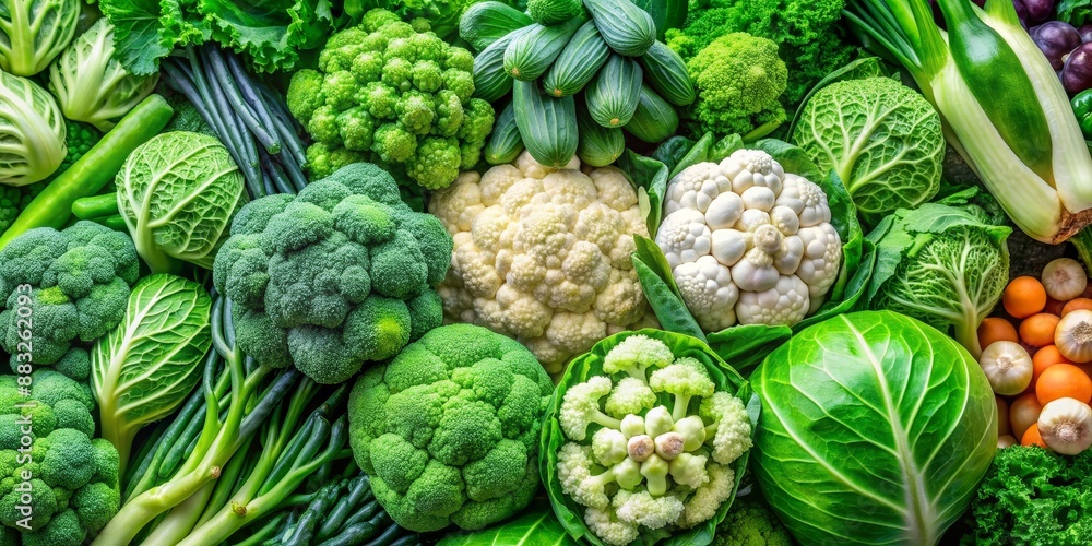 Fototapeta premium Green Vegetables and Cauliflower, Top View Composition, Close-Up of Broccoli, Cabbage, Cucumber, and Cauliflower, Healthy Eating
