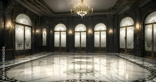 interior entrance door of gothic house palace castle ballroom mansion lobby. white and black art deco art nuevo dark black style with filigree ornamental floral embellishments.. 