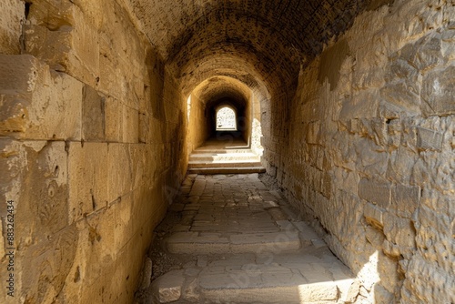 Mamluk era arched stones tunnel leading to Al-Muayyad Bimaristan (ancient hospital), Darb El Labbana district, Cairo, Egypt. Beautiful simple AI generated image in 4K, unique.