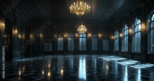black ballroom room interior of mansion castle palace at night. dark gothic art deco cathedral monastery living room with city view from windows.