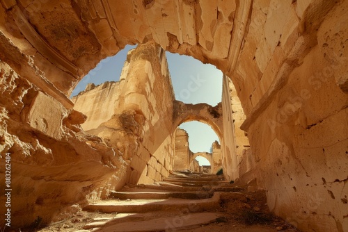 Mamluk era arched stones tunnel leading to Al-Muayyad Bimaristan (ancient hospital), Darb El Labbana district, Cairo, Egypt. Beautiful simple AI generated image in 4K, unique. photo