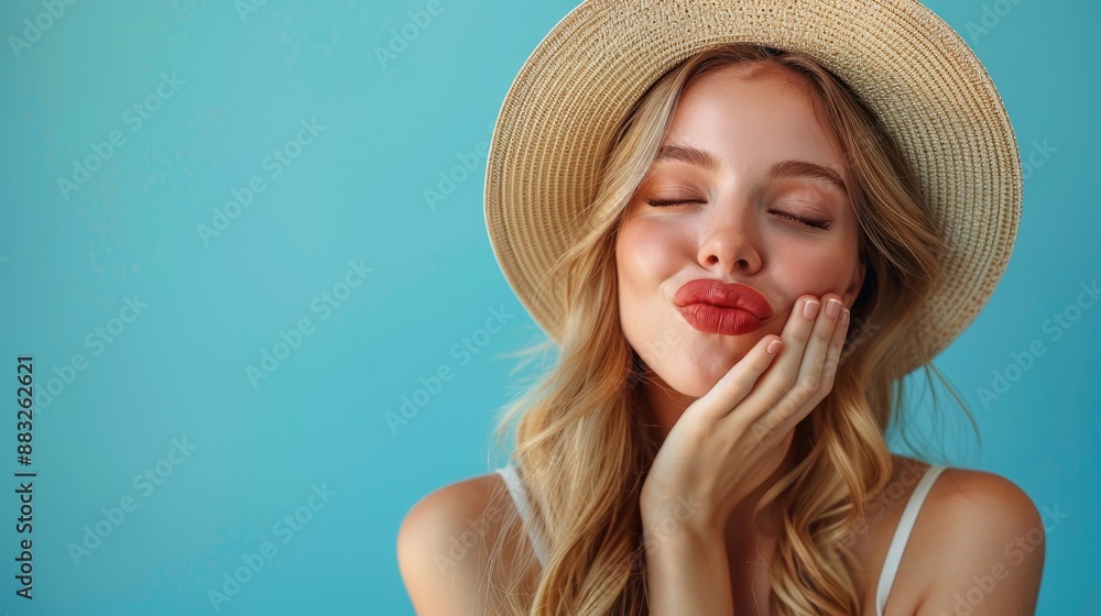 Portrait of a beautiful young woman posing blowing her lips, and sending sweet air kisses wearing a white summer straw hat on a colorful blue background Portrait of a beautiful young woman posing blowing her lips, and sending sweet air kisses wearing a white summer straw hat on a colorful blue background