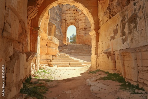 Mamluk era arched stones tunnel leading to Al-Muayyad Bimaristan  ancient hospital   Darb El Labbana district  Cairo  Egypt. Beautiful simple AI generated image in 4K  unique.