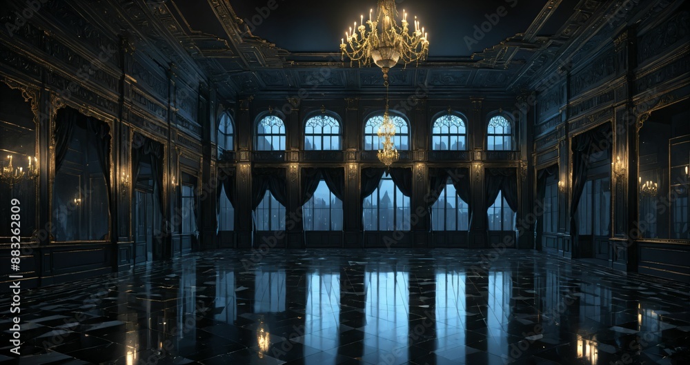 black ballroom room interior of mansion castle palace at night. dark gothic art deco cathedral monastery living room with city view from windows. black ballroom room interior of mansion castle palace at night. dark gothic art deco cathedral monastery living room with city view from windows.