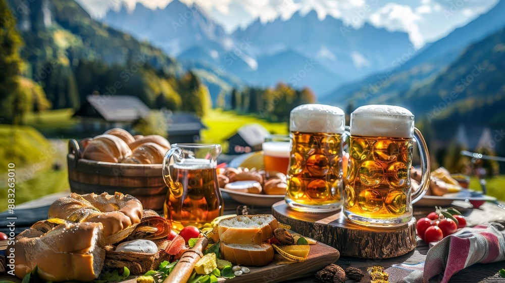 A table with a variety of food and drinks, including two full mugs of beer A table with a variety of food and drinks, including two full mugs of beer