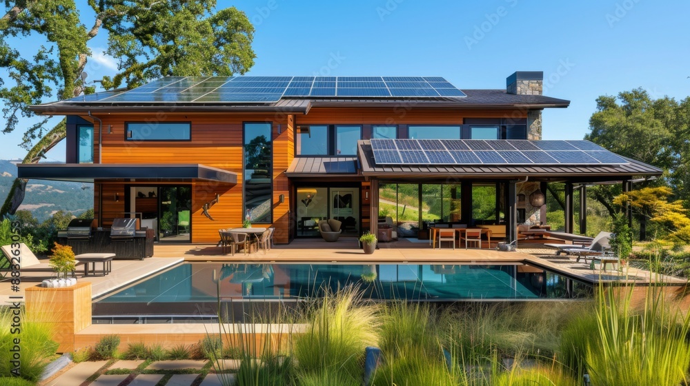 Solar panels on the roof of a beautiful modern home. Renewable energy for the home concept Solar panels on the roof of a beautiful modern home. Renewable energy for the home concept